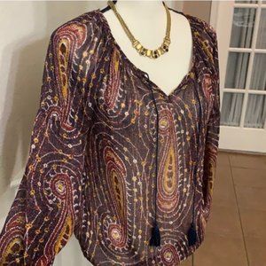 Lucky Brand blue, maroon, & gold sheer boho peasant top